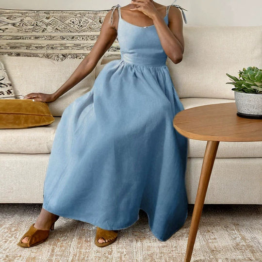 Damen Maxikleid mit schmalen Spaghettiträgern und fließendem Schnitt Heidi-Mode