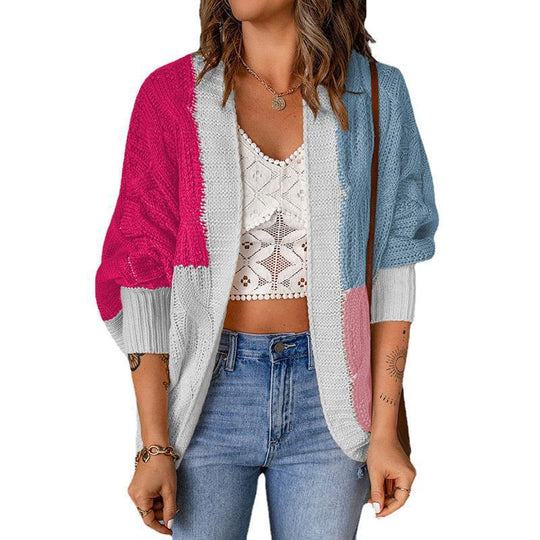 Damen lässige Strickjacke mit buntem Patchwork-Design und weitem Schnitt Heidi-Mode