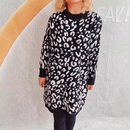 Damen Grobstrickkleid im modernen Leopardenmuster Heidi-Mode