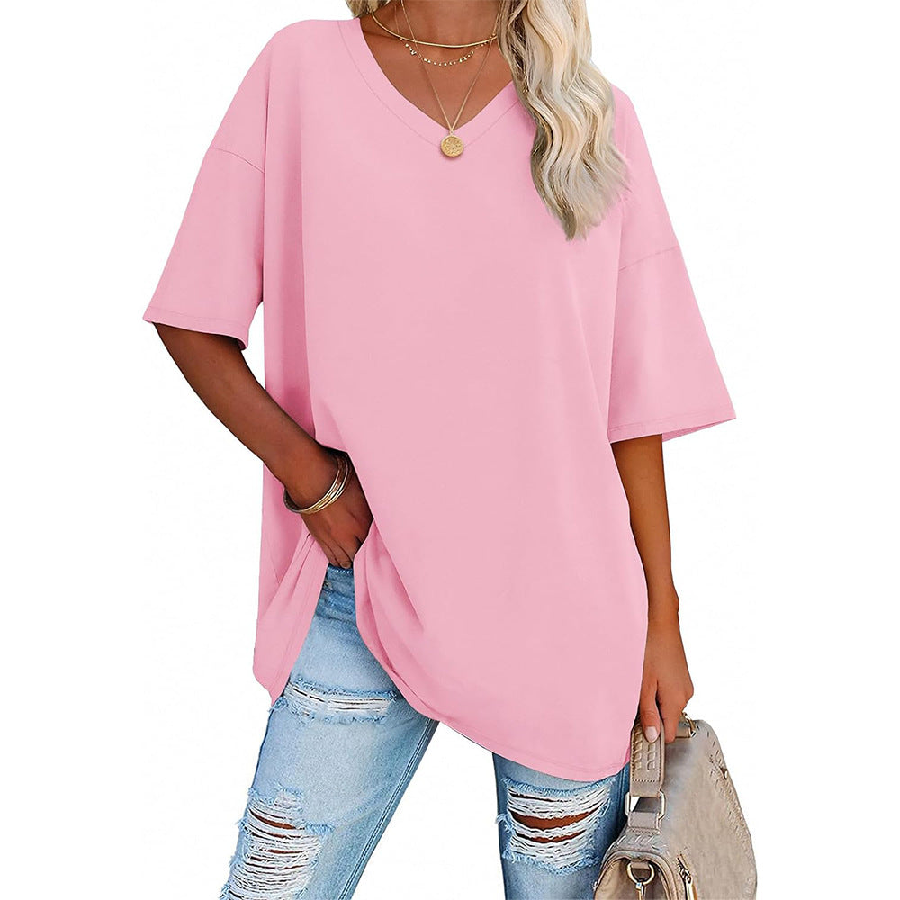 Damen Oversized T-Shirt mit V-Ausschnitt und seitlichen Schlitzen Heidi-Mode