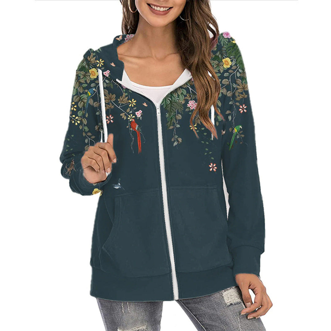 Heidi-Mode | Mode Floral Print Langarm Zip Auf Kapuzenpullover Sweatshirt