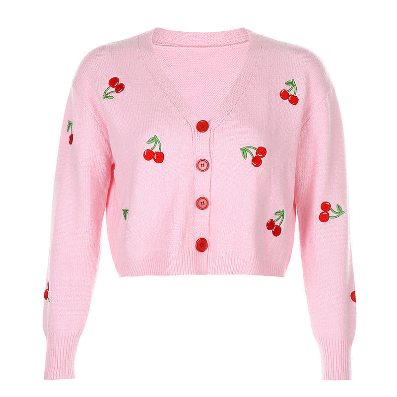 Damen Strickjacke mit verspieltem Kirschmotiv und knöpfbarem Design Heidi-Mode