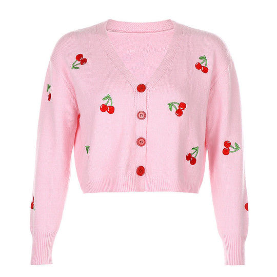 Damen Strickjacke mit verspieltem Kirschmotiv und knöpfbarem Design Heidi-Mode