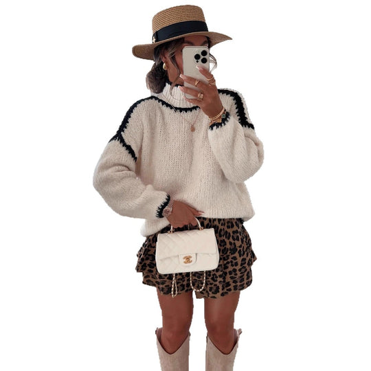 Damen modischer Pullover mit hohem Kragen und strukturiertem Strickdesign Heidi-Mode