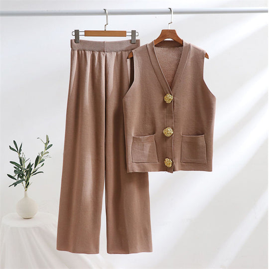 Damen elegantes Strick-Loungewear-Set mit Knopfdetaillierung Heidi-Mode