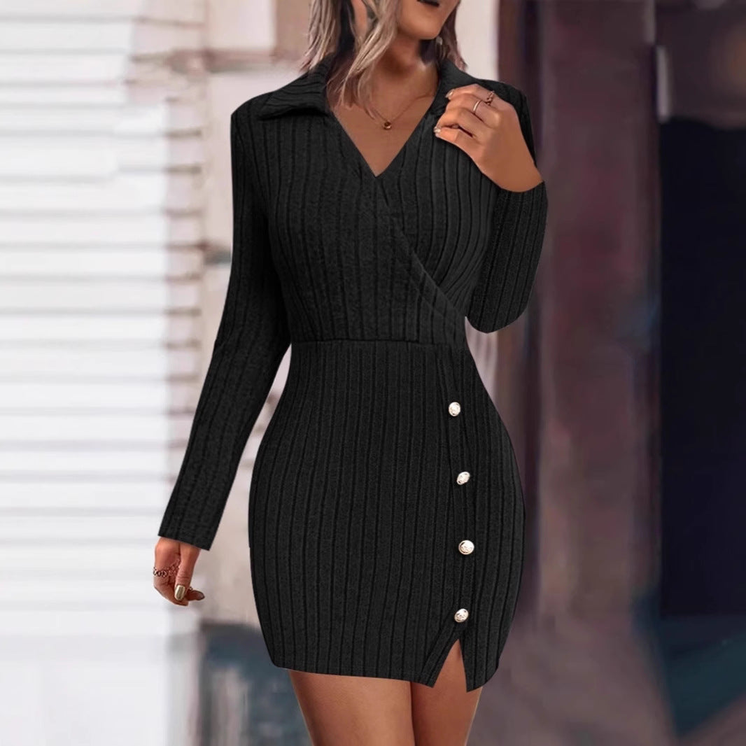 Damen Strickkleid mit V-Ausschnitt und Knopfdetails Heidi-Mode