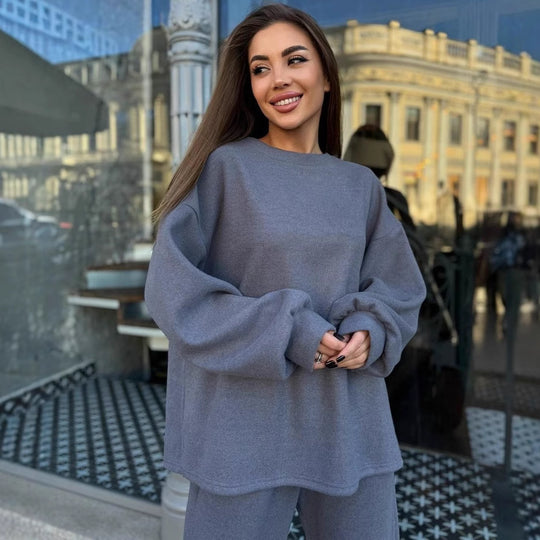 Damen lässiges Fleece-Loungewear-Set mit weichem Oversized-Pullover und bequemen Hosen Heidi-Mode