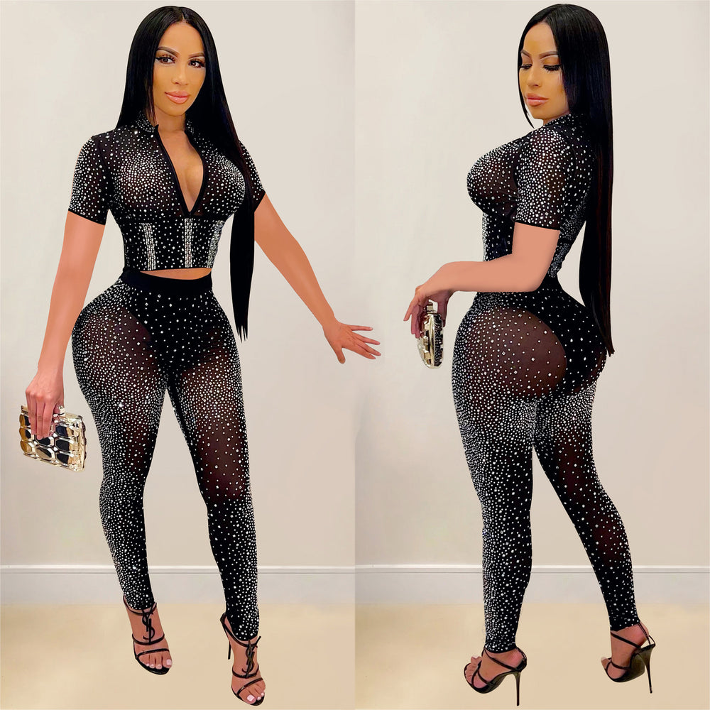 Damen Funkelndes Crop-Top und Leggings Set mit Strassverzierungen Heidi-Mode