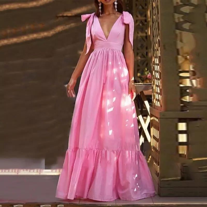 Damen Maxikleid mit tiefem V-Ausschnitt und verspielten Schleifen Heidi-Mode