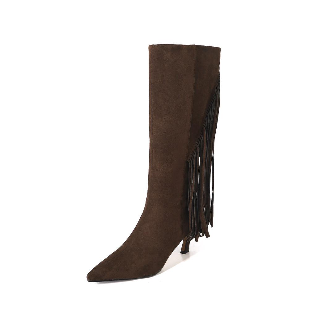 Damen Fransen Stiletto Kniehohe Stiefel mit dekorativen Nieten Heidi-Mode