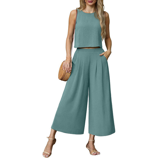 Damen luftiges Zweiteiler-Set mit weitem Hosenbein und ärmellosem Top Heidi-Mode