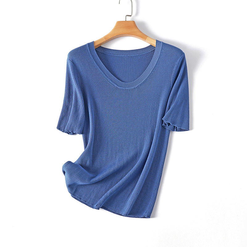 Femme Rippstrick Kurzarm V-Ausschnitt Top Heidi-Mode