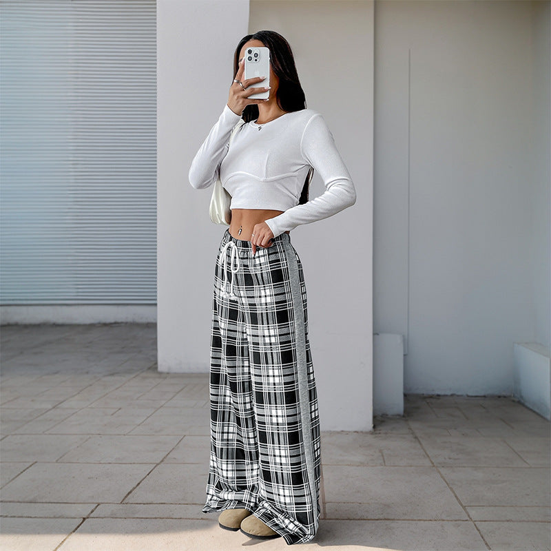 Damen weite Freizeithose mit Karo-Muster und verstellbarem Bund Heidi-Mode