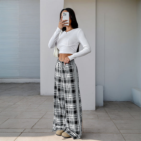 Damen weite Freizeithose mit Karo-Muster und verstellbarem Bund Heidi-Mode