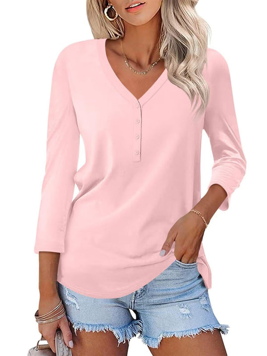 Damen Langarm T-Shirt mit Knopfleiste und V-Ausschnitt Heidi-Mode