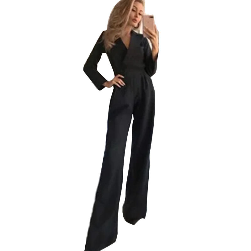 Damen Jumpsuit im eleganten Business-Stil mit Tiefer V-Ausschnitt und weitem Bein Heidi-Mode