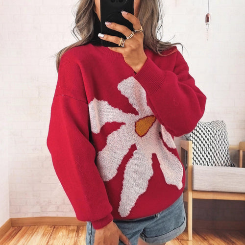 Damen Pullover mit auffälligem Blütenmotiv und lockerer Passform Heidi-Mode