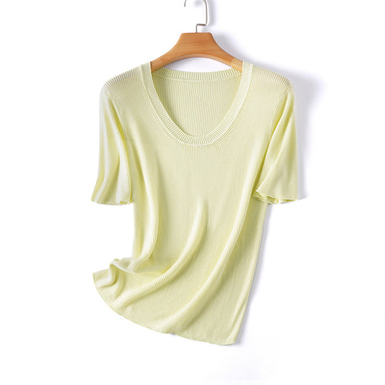 Femme Rippstrick Kurzarm V-Ausschnitt Top Heidi-Mode