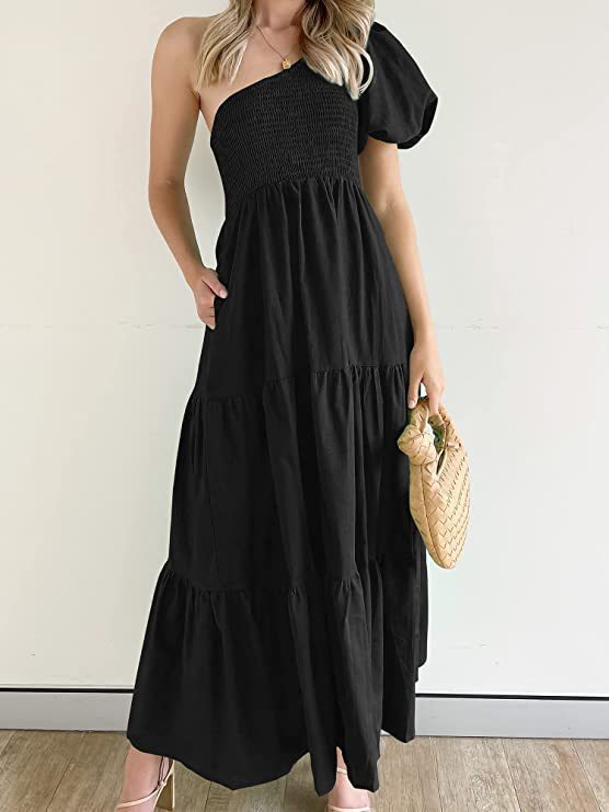 Damen Maxikleid mit asymmetrischem Träger und fließendem Schnitt Heidi-Mode