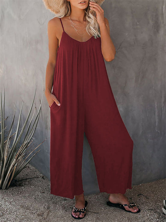 Damen Lässiger Sommer-Jumpsuit mit tiefem Ausschnitt und praktischen Taschen Heidi-Mode