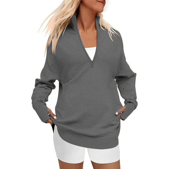 Damen Oversized Pullover mit Stehkragen und Reißverschluss Heidi-Mode