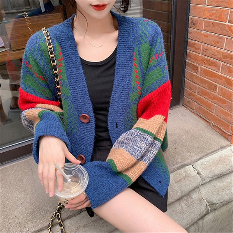 Damen Grobstrick-Cardigan mit buntem Karomuster und großen Holzknöpfen Heidi-Mode