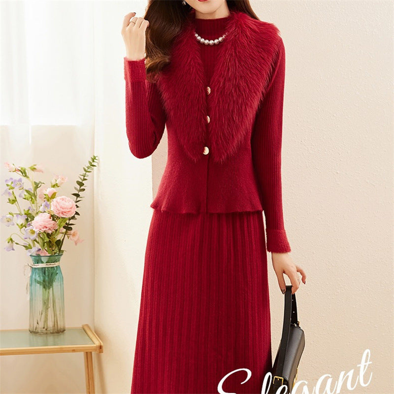 Damen elegantes Strickset mit hochwertigem Fellkragen und modischer Rippstruktur Heidi-Mode