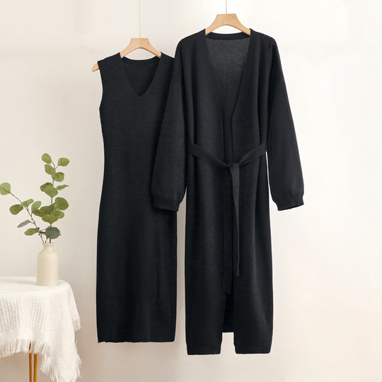 Damen 2-teiliges Kleid und Cardigan-Set mit V-Ausschnitt Heidi-Mode