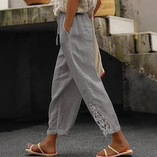 Damen luftige Leinenhose mit dekorativen Stickereien Heidi-Mode