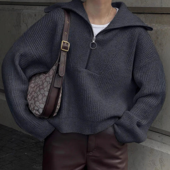 Damen Strickpullover mit Reißverschluss und lässigem Schnitt Heidi-Mode
