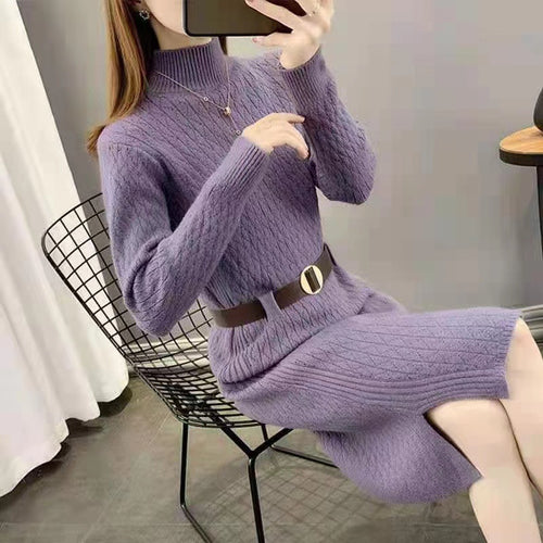 Damen Strickkleid mit hohen Kragen und Taillengürtel Heidi-Mode