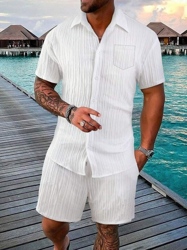 Herren Kurzarm Hemd und Shorts Set mit strukturiertem Design Heidi-Mode