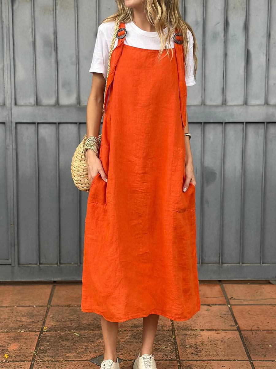 Damen Lässiges Leinen-Latzkleid mit praktischen Seitentaschen und verstellbaren Trägern Heidi-Mode