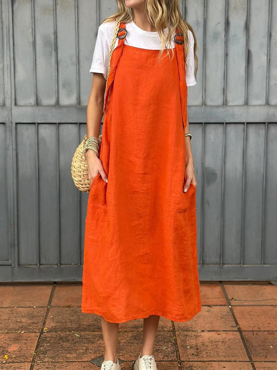 Damen Lässiges Leinen-Latzkleid mit praktischen Seitentaschen und verstellbaren Trägern Heidi-Mode