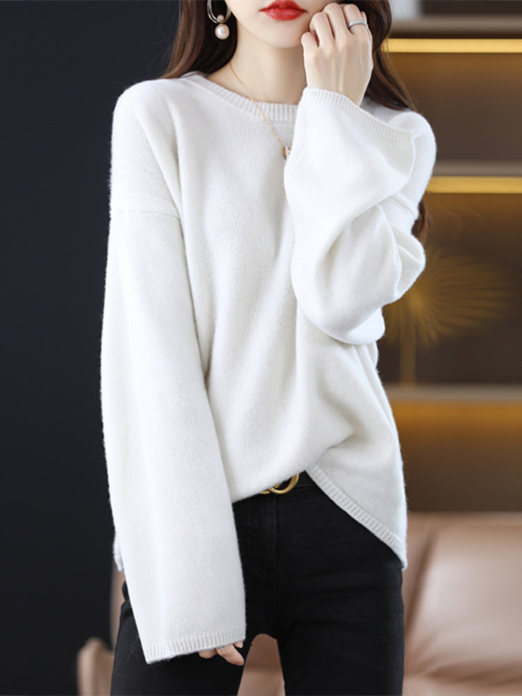 Damen weicher Strickpullover mit weitem Schnitt und legerem V-Ausschnitt Heidi-Mode