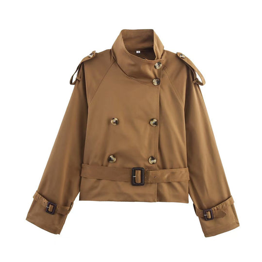 Damen modischer Trenchcoat mit hoch geschlossenem Kragen und praktischen Schulterriegeln Heidi-Mode