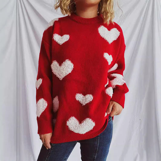 Damen Pullover mit Herzmuster und flauschigen Applikationen Heidi-Mode
