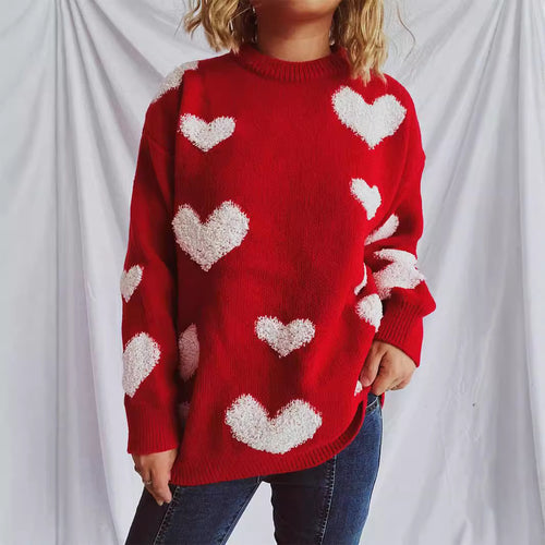 Damen Pullover mit Herzmuster und flauschigen Applikationen Heidi-Mode