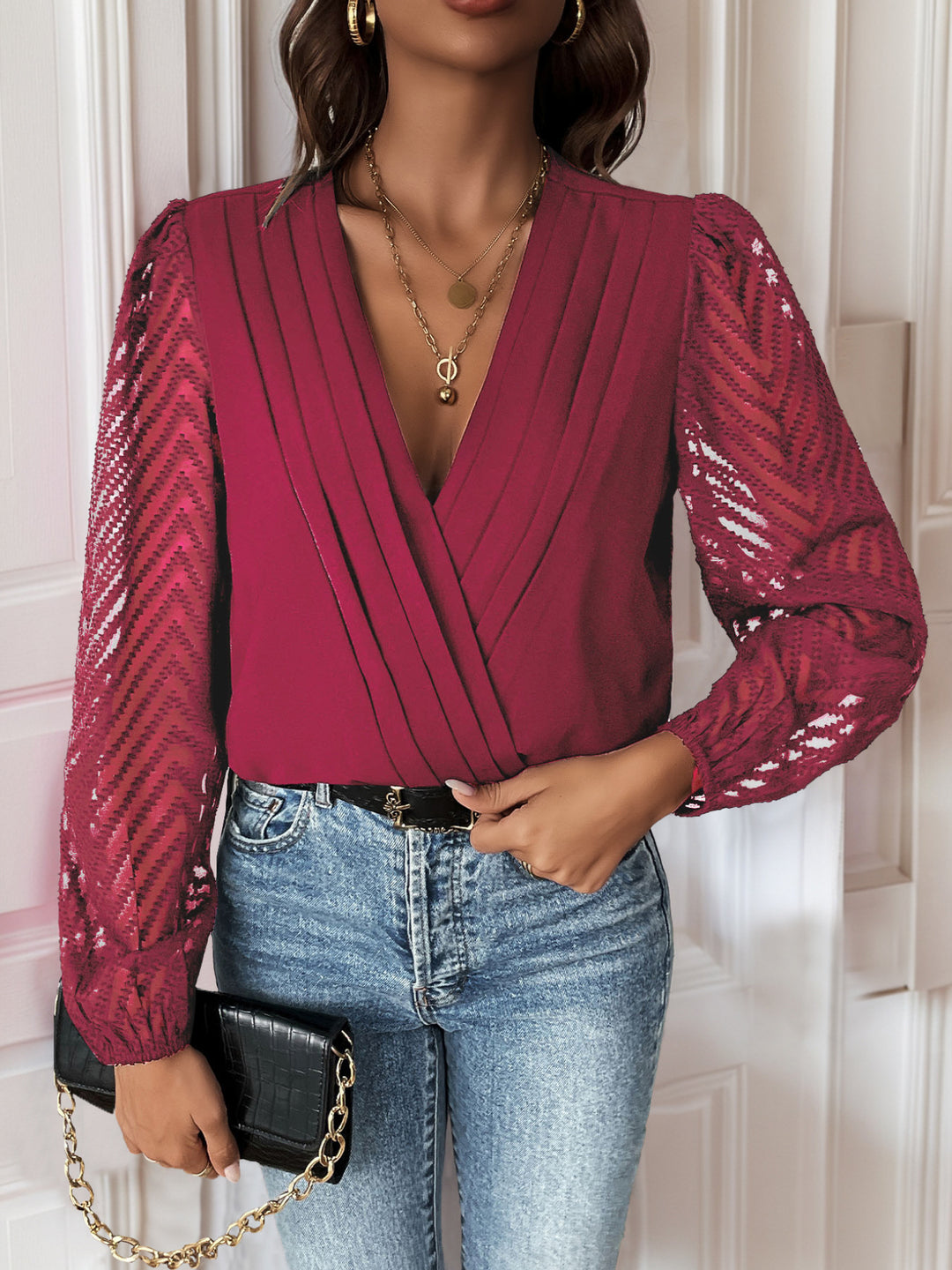 Damen elegantes Body mit voluminösen Ärmel und tiefem V-Ausschnitt Heidi-Mode