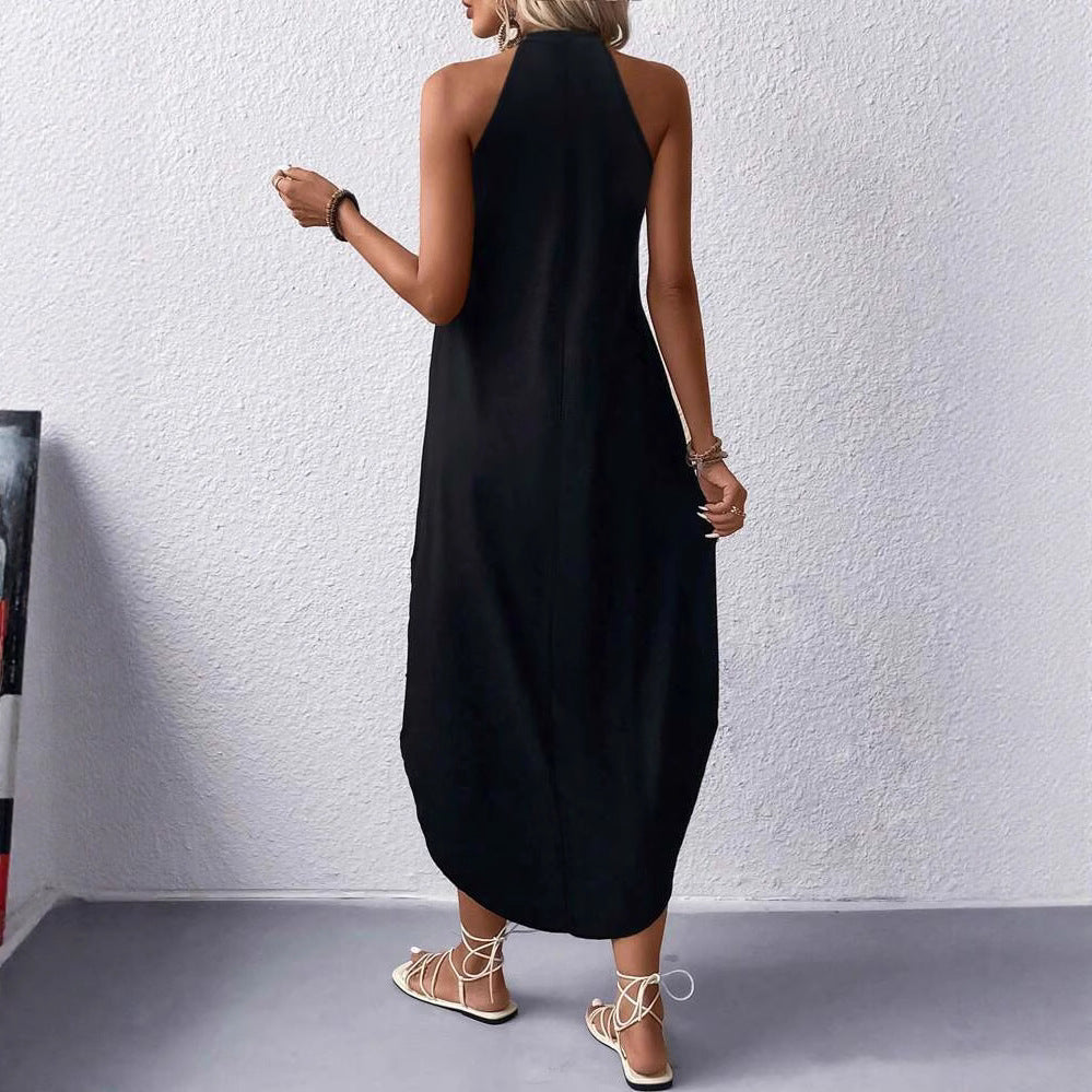 Damen lässiges Sommermaxikleid mit elegantem Halternetz und praktischen Taschen Heidi-Mode