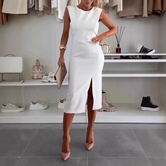 Damen Etuikleid mit asymmetrischem Ausschnitt und elegantem Schlitz Heidi-Mode