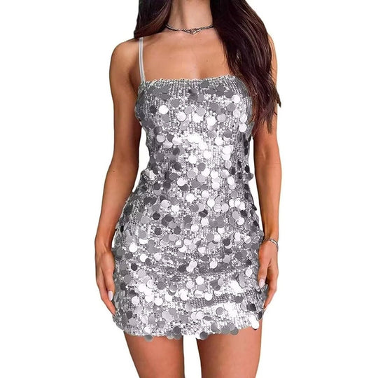 Damen Glitzerndes Minikleid mit Spiralmuster und Spaghettiträgern Heidi-Mode