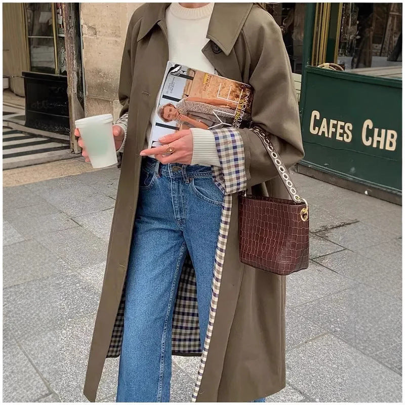 Damen Oversized Trenchcoat mit Karo-Muster Heidi-Mode