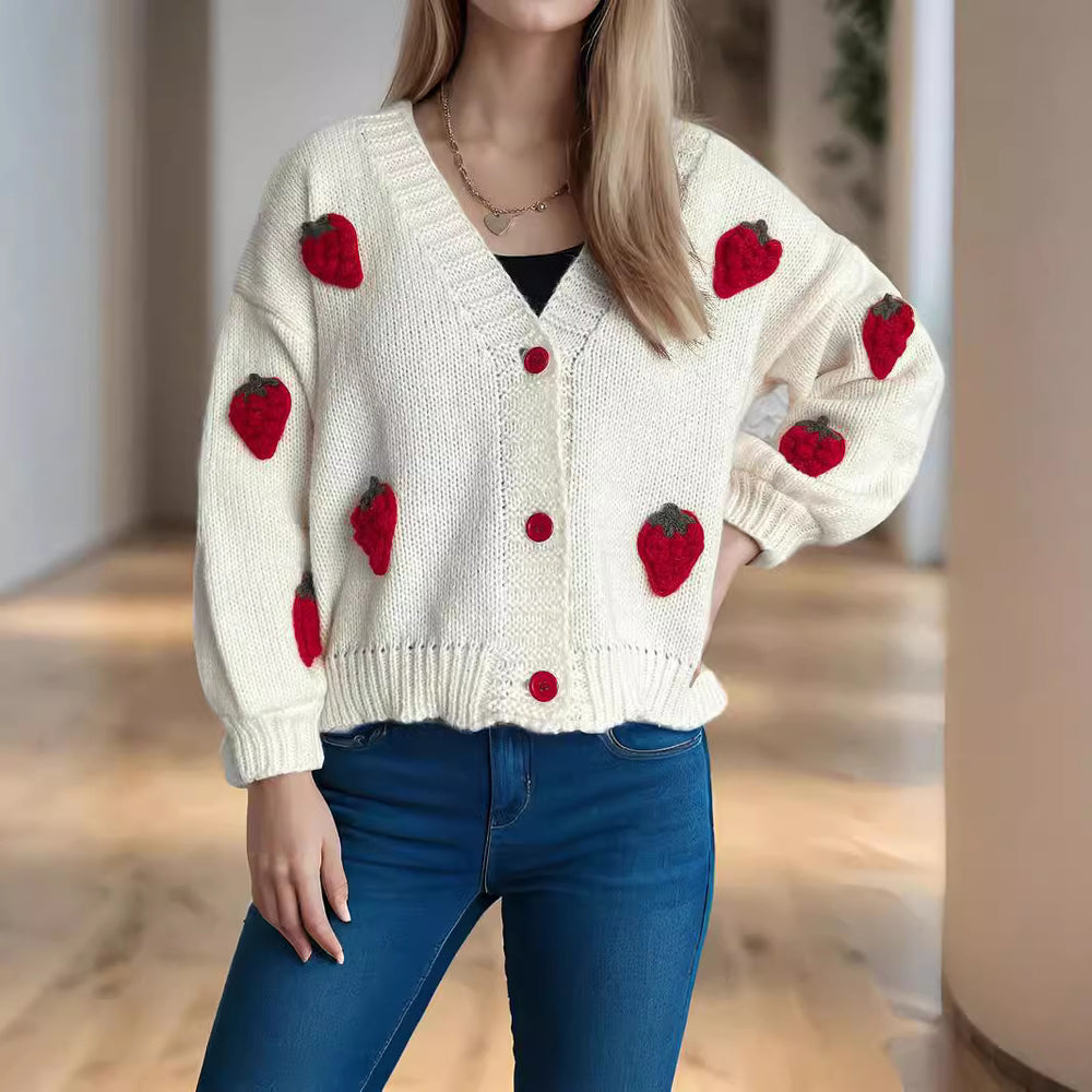 Damen Strickjacke mit verspielten Obstapplikationen Heidi-Mode