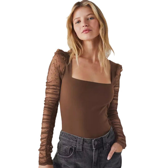 Damen Body mit elegantem quadratischen Ausschnitt und luftigen Puffärmeln Heidi-Mode