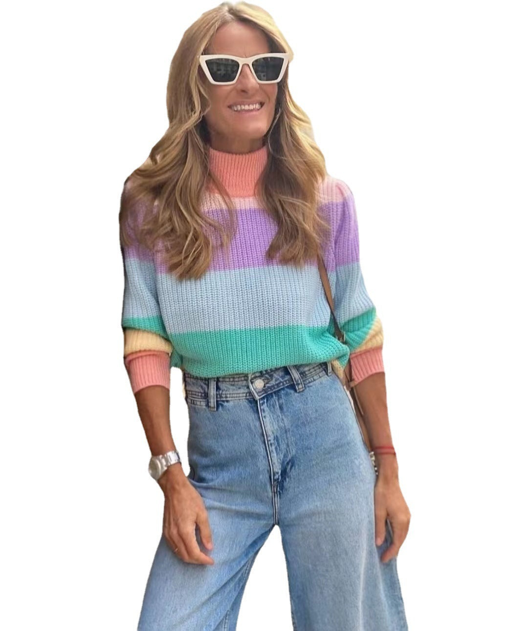 Damen Kurzarm Strickpullover mit hohem Kragen und buntem Streifenmuster Heidi-Mode