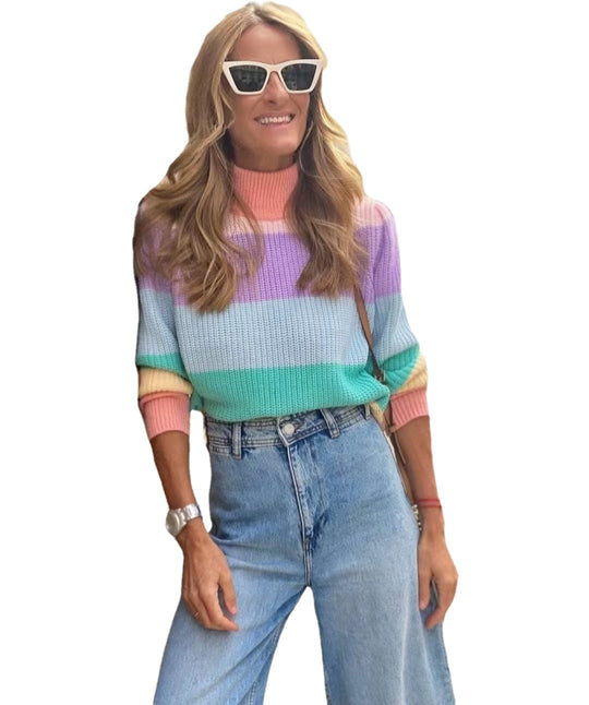 Damen Kurzarm Strickpullover mit hohem Kragen und buntem Streifenmuster Heidi-Mode