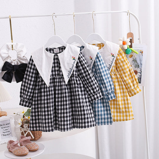 Mädchen Gingham Karierte Kleid mit Eleganter Peter Pan Kragen Heidi-Mode