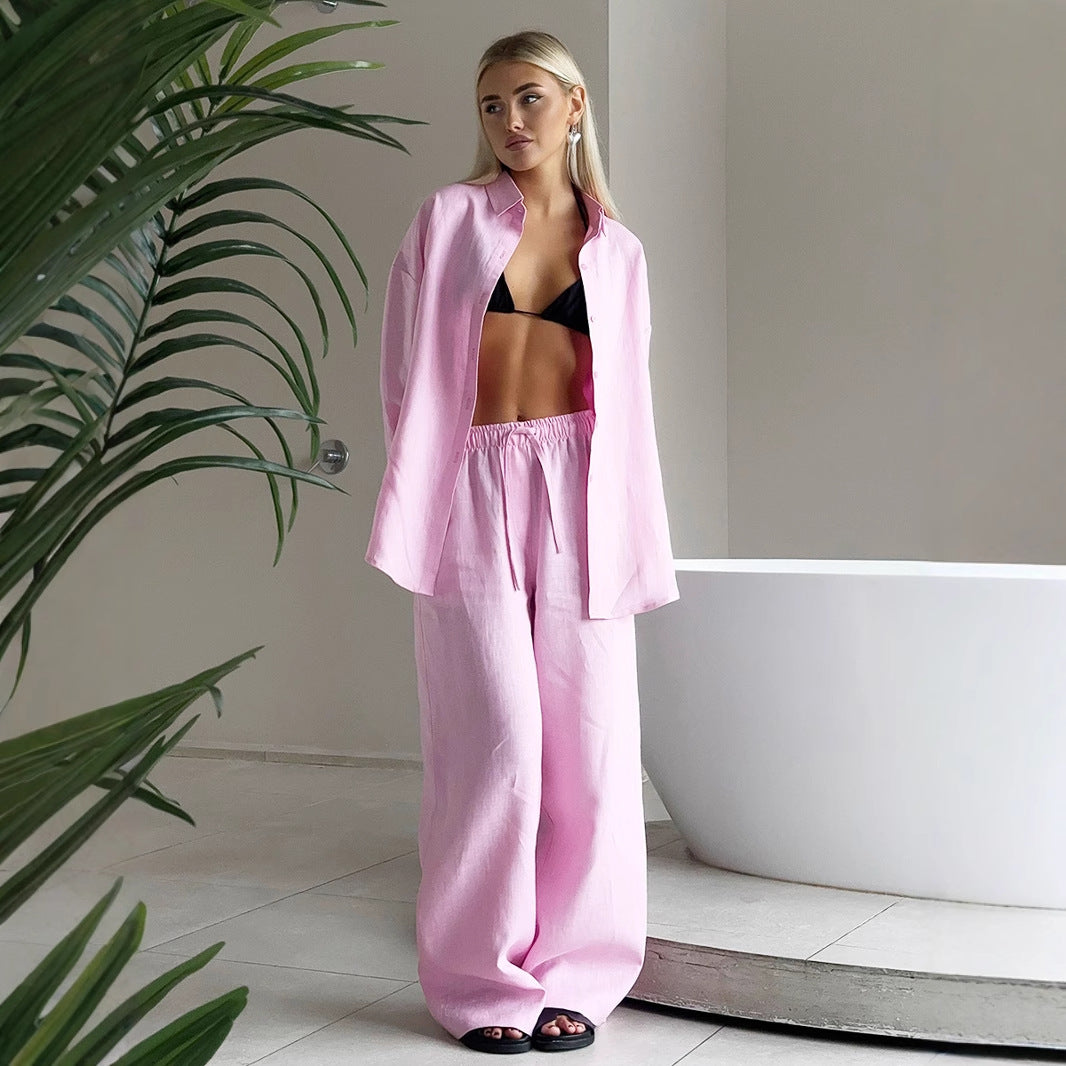 Damen luftiges Leinen-Set mit weit geschnittenem Hemd und Hose Heidi-Mode