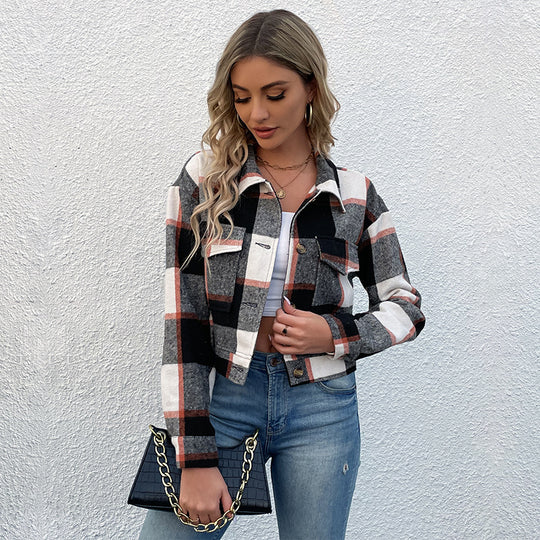 Damen Karierte Denimjacke mit Knöpfen und Brusttaschen Heidi-Mode